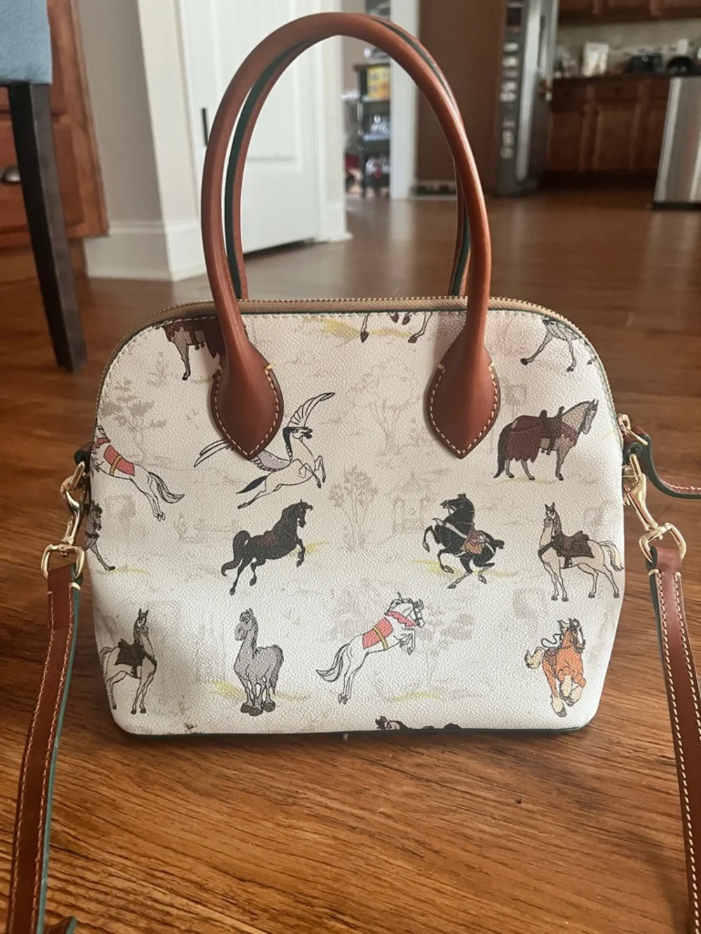Dooney & Bourke Cream Horse & Pegasus Print Satchel with Tan Trim - Picture 2 of 7